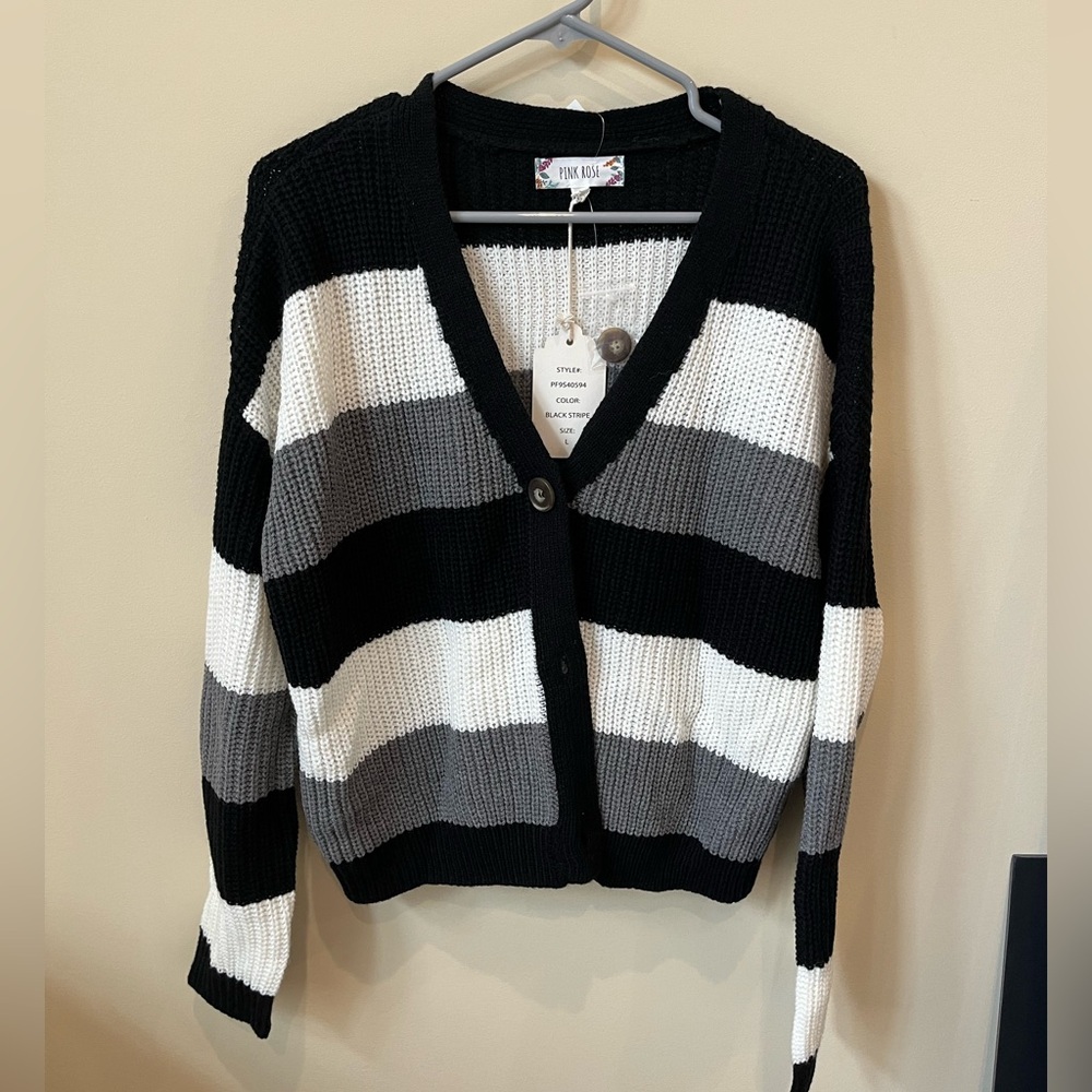 Pink Rose Black and Gray Cardigan Sweater V-Neck